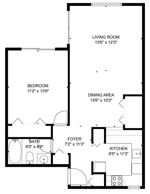 A black and white image of a floor plan for a small apartment.